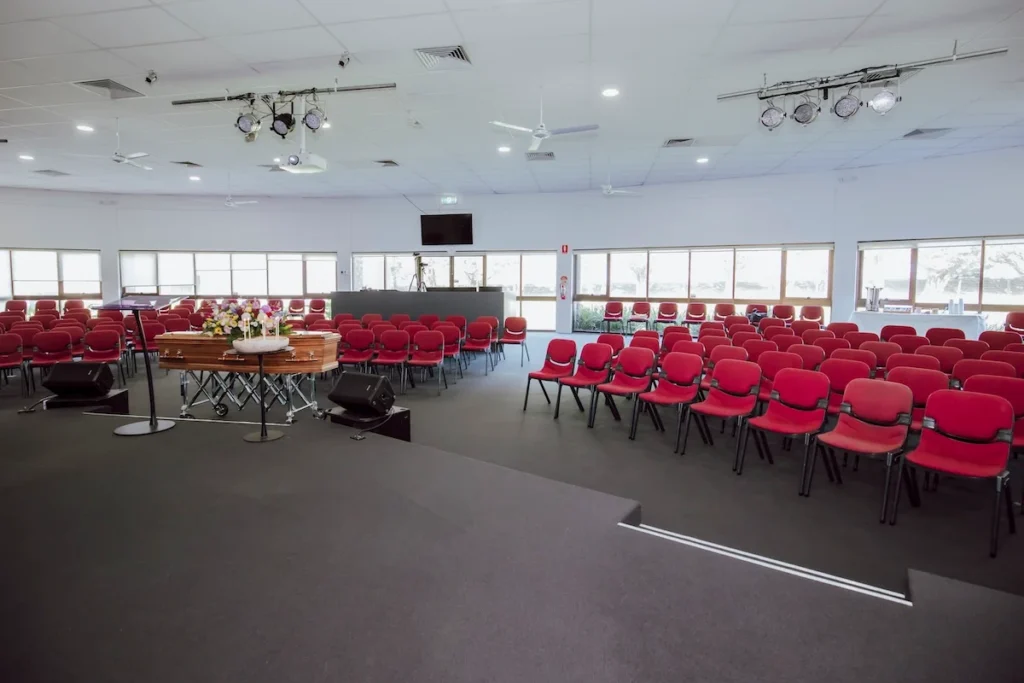 View from the main stage looking out across the spacious 250-seat auditorium and natural light windows at Waurn Ponds Community Chapel, 48 Waurnvale Dr, Belmont.